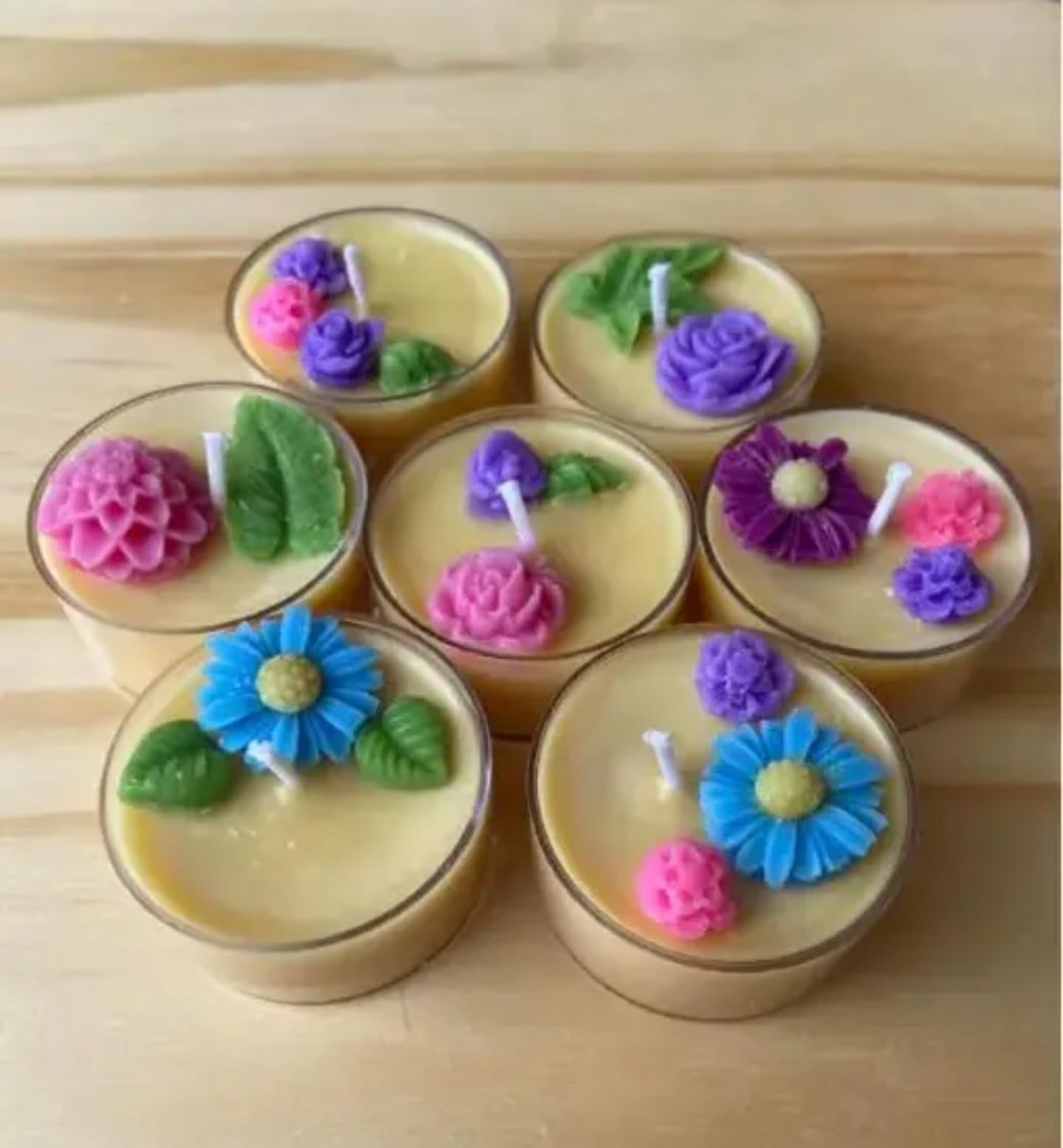 Handmade Decorative Floral Tea Light Candles, Yellow Wax with Pink, Purple, Blue Flowers, 7 Pack Set