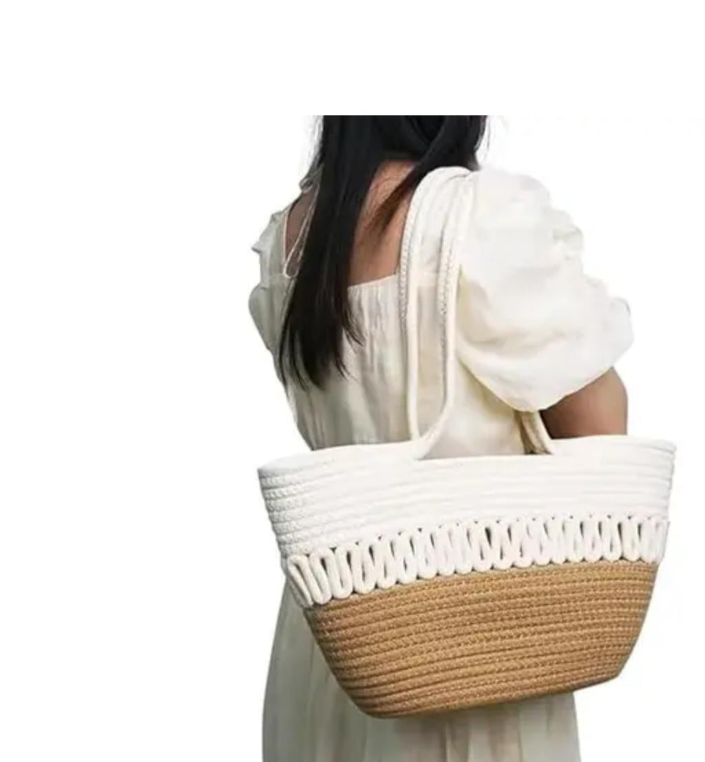 Two-Tone Woven Beach Tote Bag, Natural Jute and White Cotton, Decorative Pattern