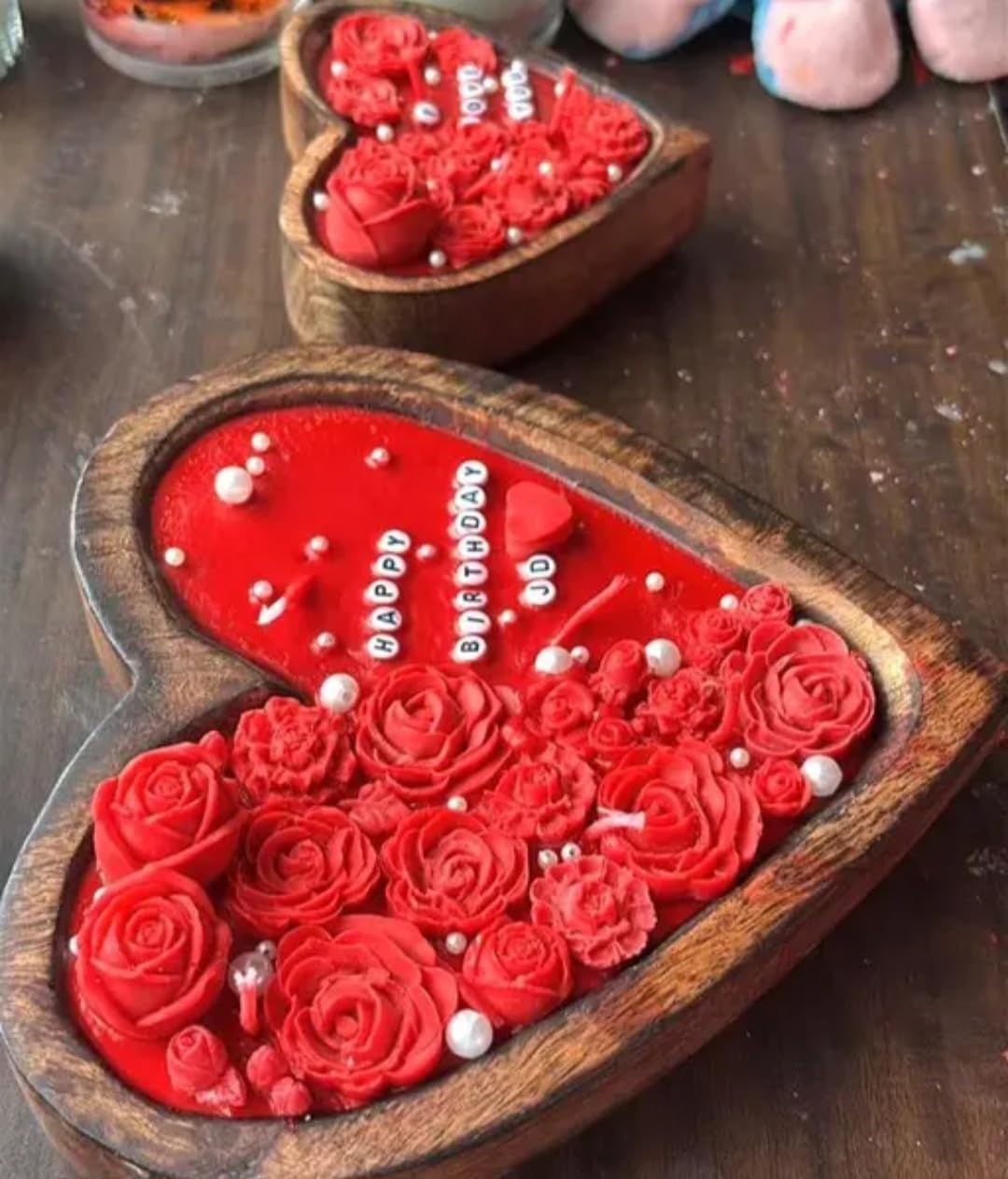 Heart-Shaped Candle with Red Roses, Pearl Decorations, Happy Birthday Design, Wooden Border