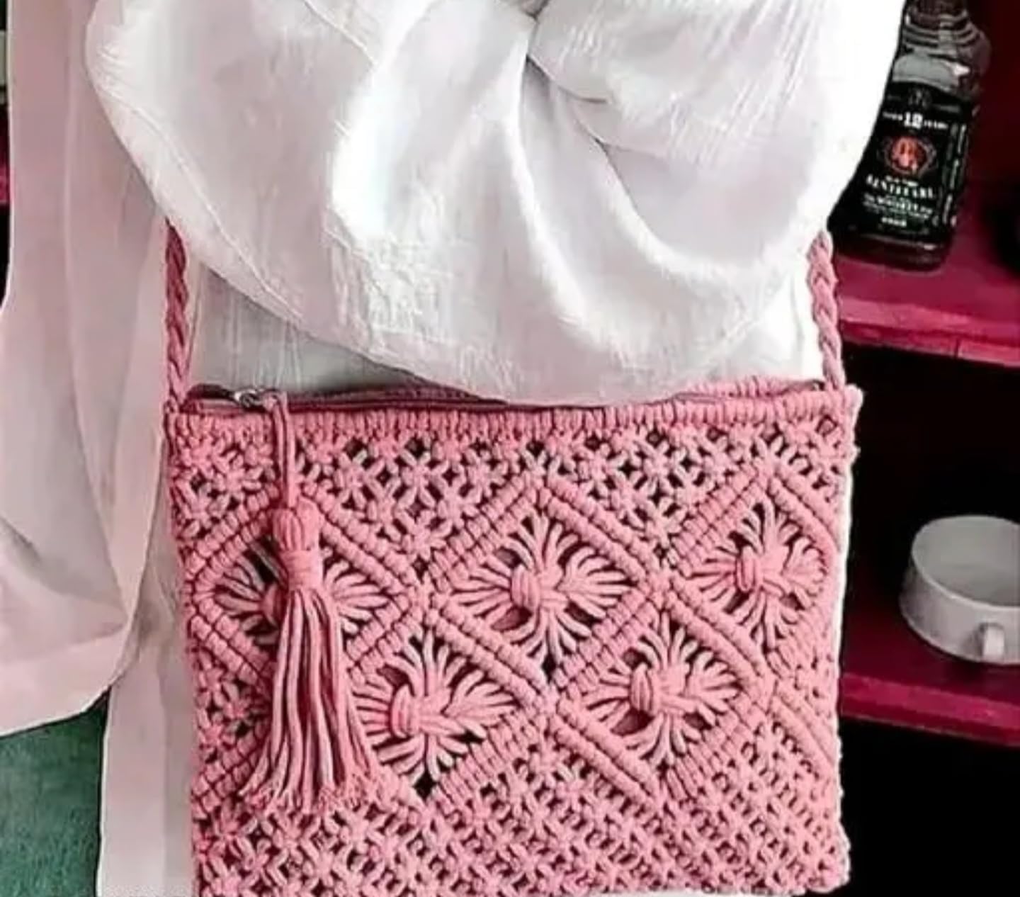 Handmade Macrame Crossbody Bag, Pink Woven Cotton Cord, Tassel Detail