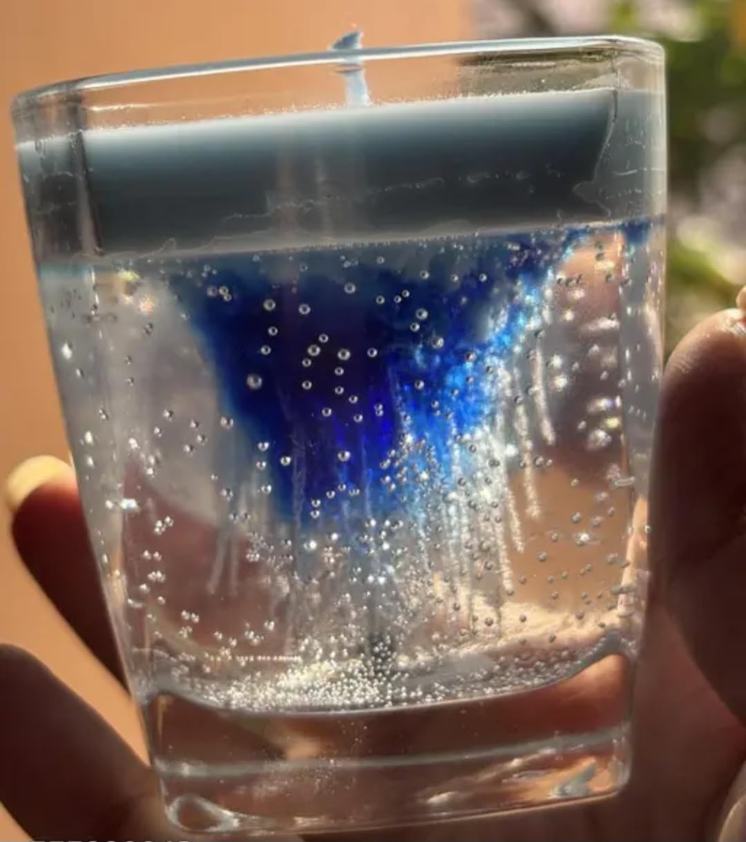 Blue Gel Candle in Clear Glass, Decorative Home Accent with Embedded Bubbles