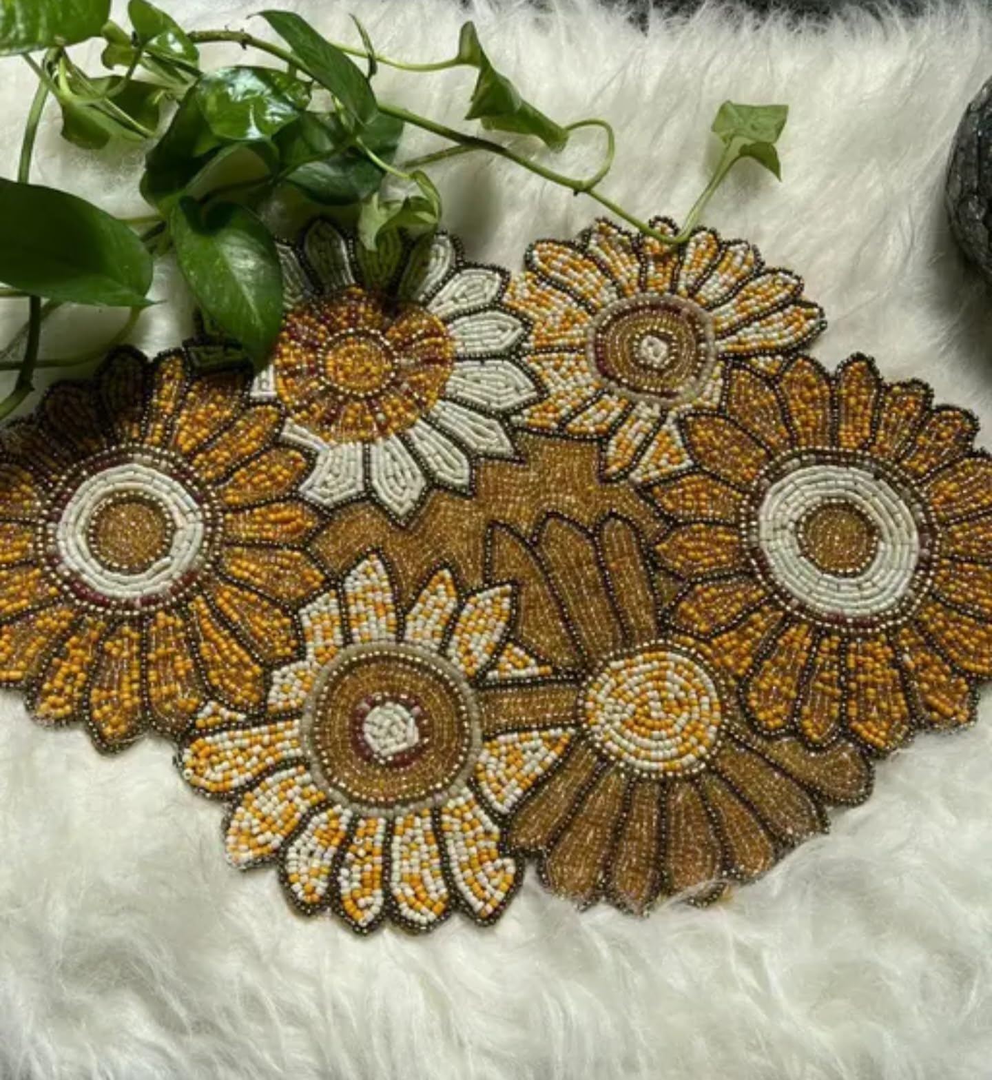 Handcrafted Beaded Sunflower Placemat, Golden Yellow and White, Glass Bead Floral Design, Decorative Table Centerpiece
