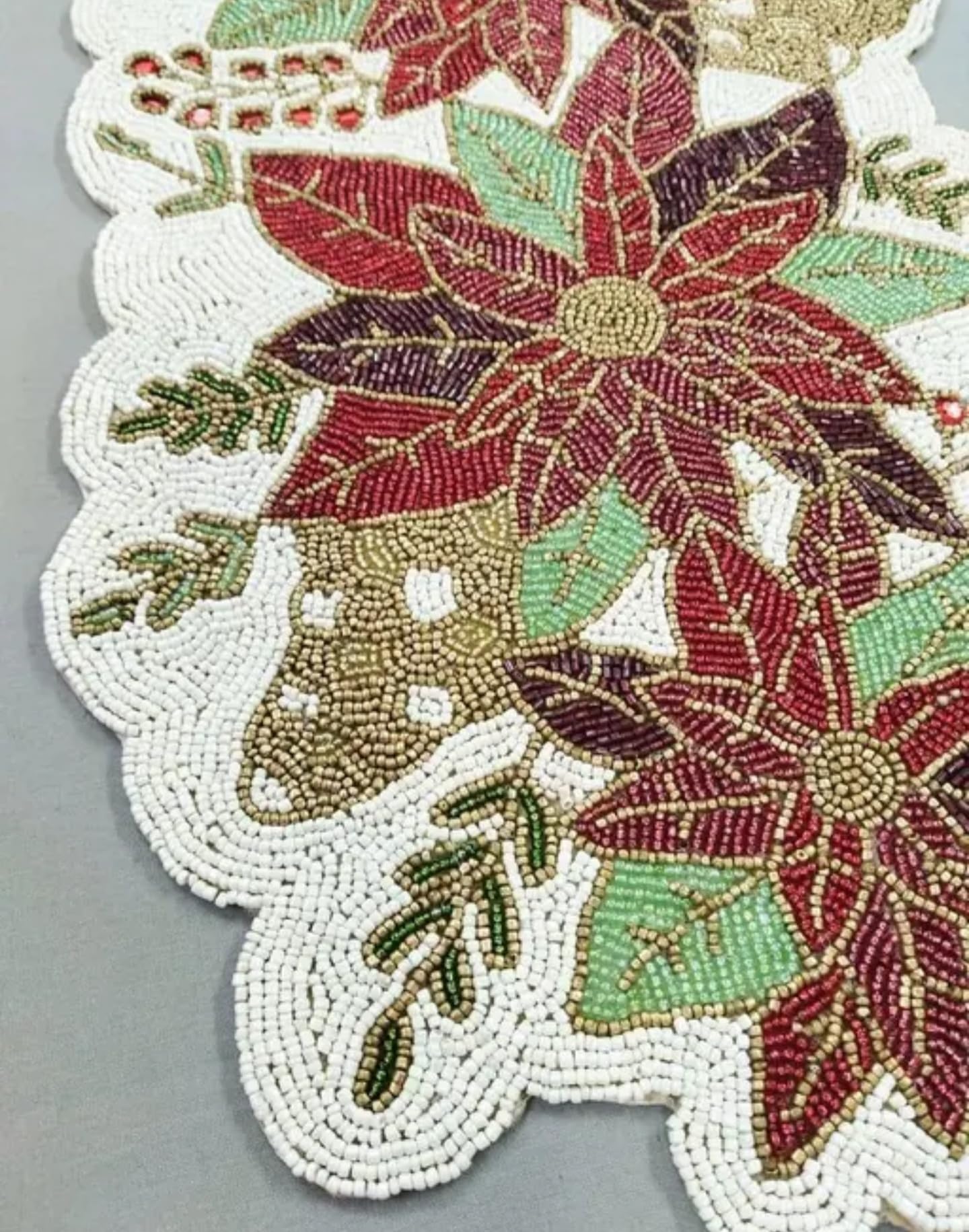 Beaded Table Runner, Poinsettia Design, Red Green Gold Brown, Scalloped Edge, Holiday Christmas Decor
