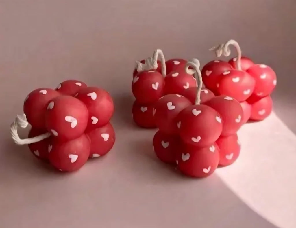 Bubble Candles Red with White Hearts, Decorative Cube Shape, Set of 4, Valentine's Day Theme