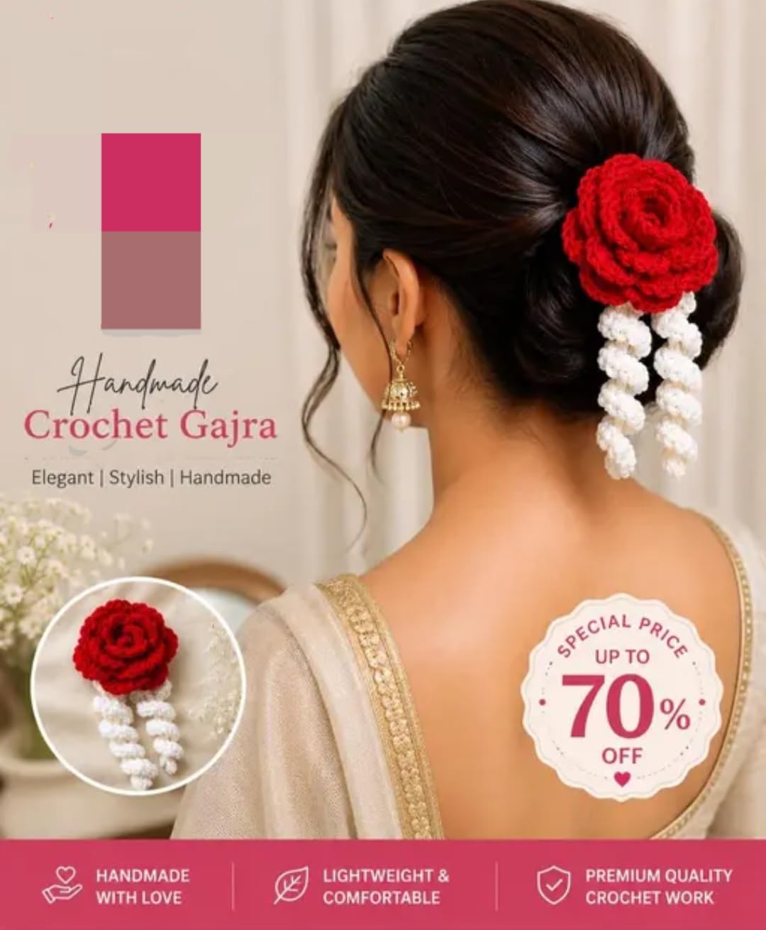 Crochet Rose Hair Bun Accessory, Red and White, Floral with Hanging Tassels, Bridal Style