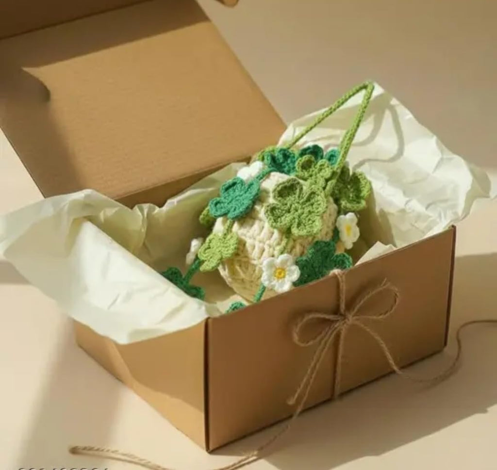 Crochet Hanging Basket Planter, Green Clover and White Flower Design, Handmade Knit Home Decor