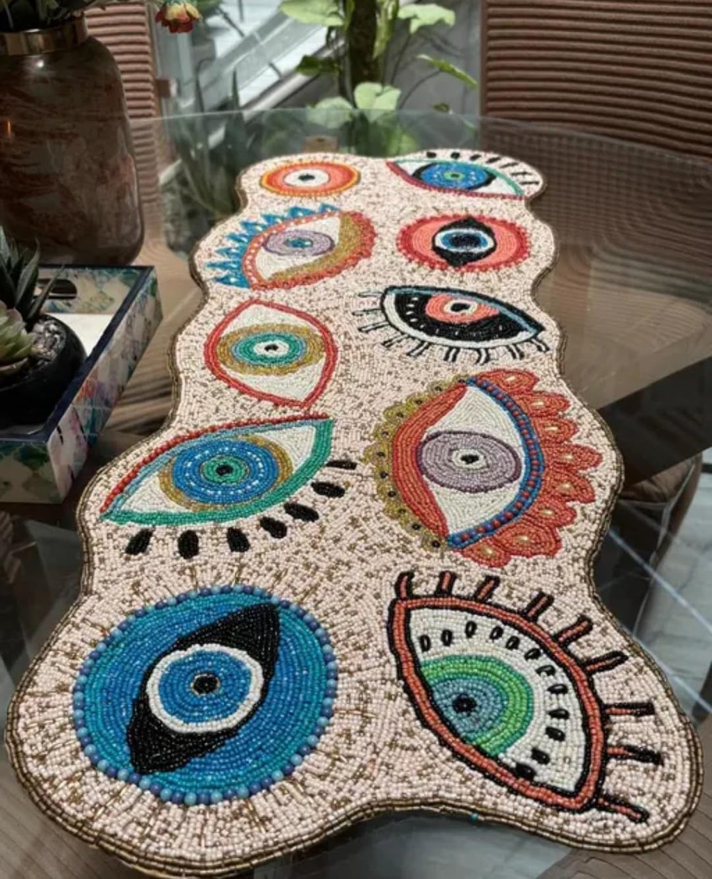 Beaded Evil Eye Table Runner, Multicolor, Handcrafted, Bohemian Style, Decorative Home Accent