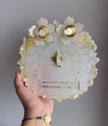 Handcrafted Resin Pooja Thali, White and Gold, Resin aarti thali, Decorative Floral Design with Pearl Accents, Traditional Sanskrit Scripture, Dual Tea Light Holder