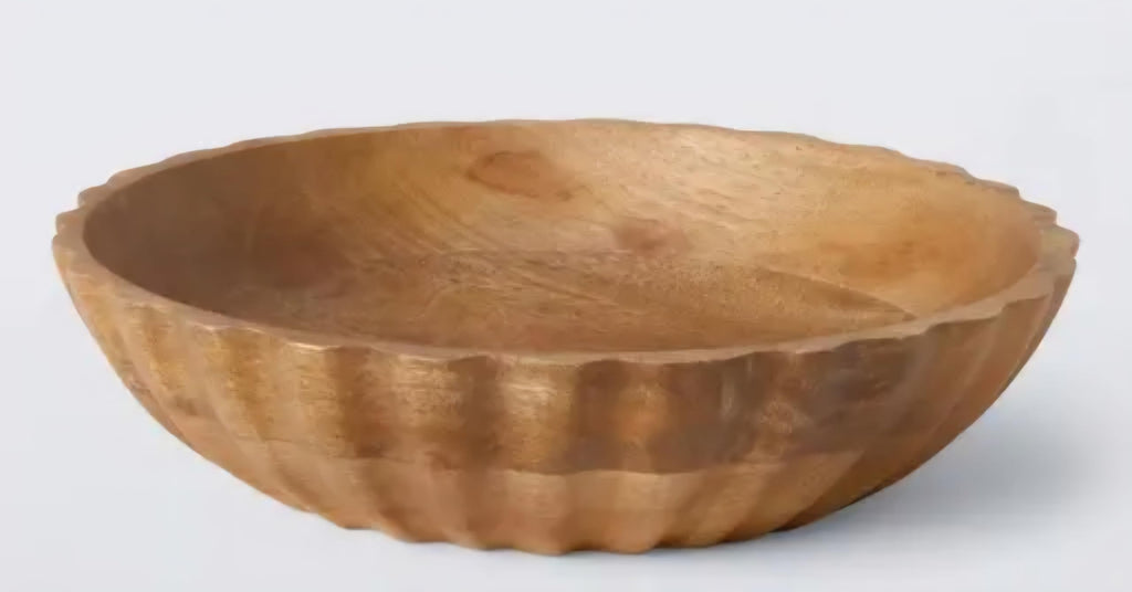 Wooden Bowl, Natural Wood, Rustic Carved Edge, Decorative Serving Dish