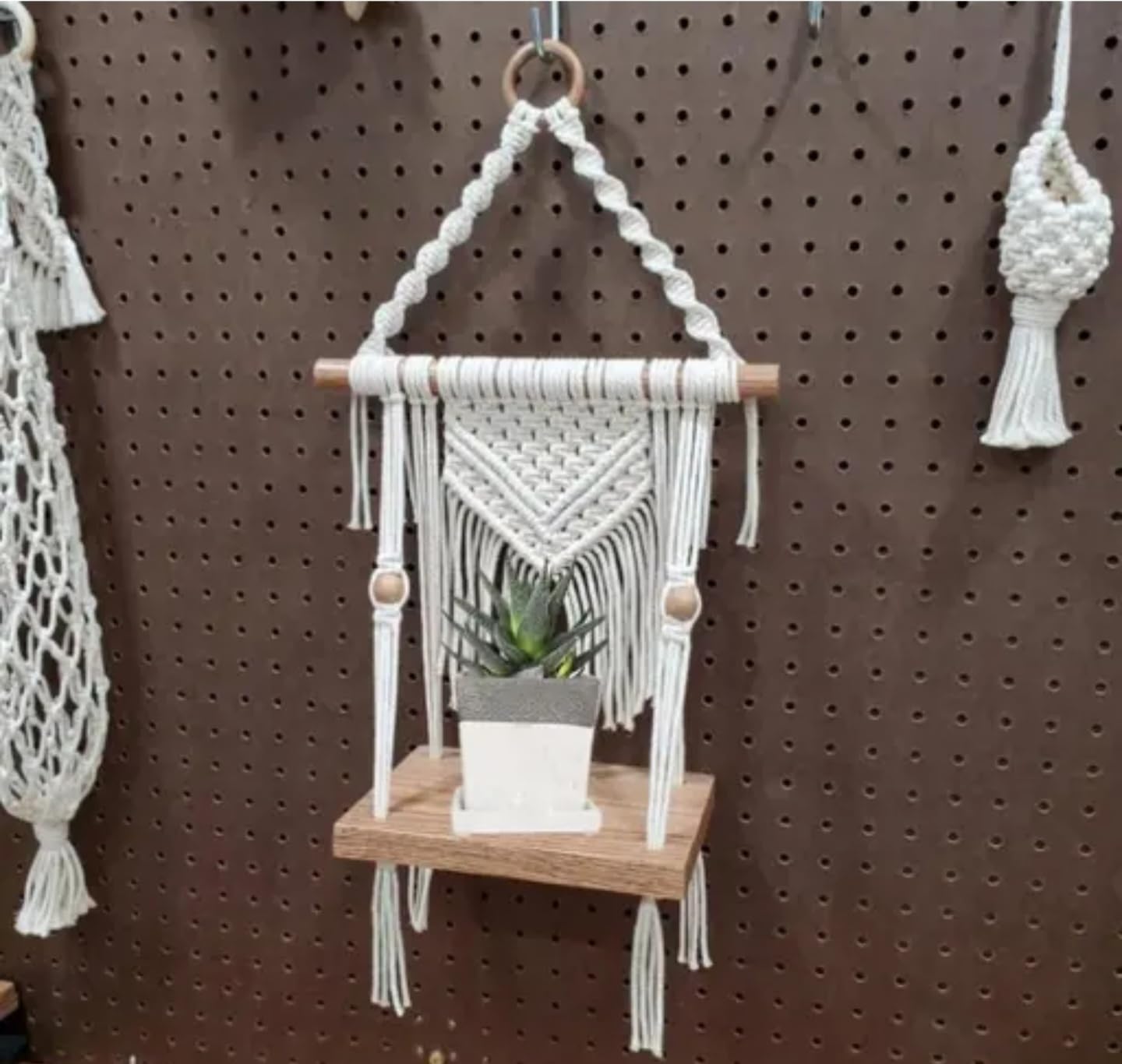 Macrame Wall Hanging Shelf, Decorative Boho Plant Holder with Wooden Display Shelf, Handwoven Cotton Rope