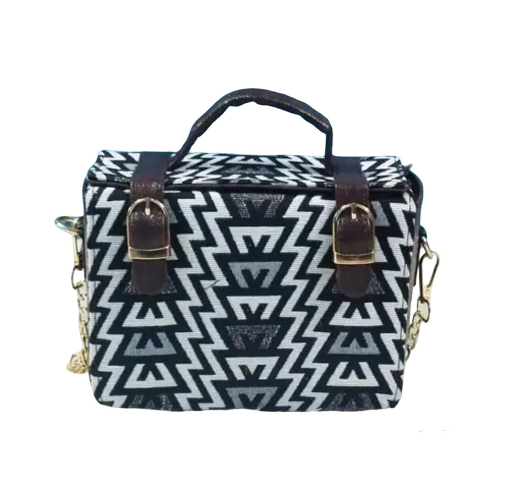 Geometric Pattern Handbag with Chain Strap, Black and White Aztec Design, Leather Buckle Details