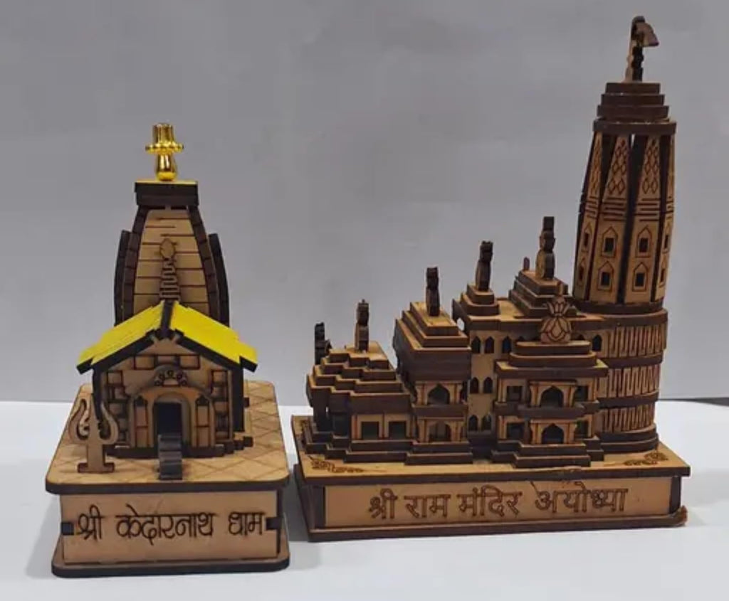 Wooden Temple Model Set, Hindu Mandir Design with Kedarnath and Ram Temple, Religious Decor, Brown and Gold, Laser Cut MDF, Traditional Style. Ram Mandir and Kedarnath dham