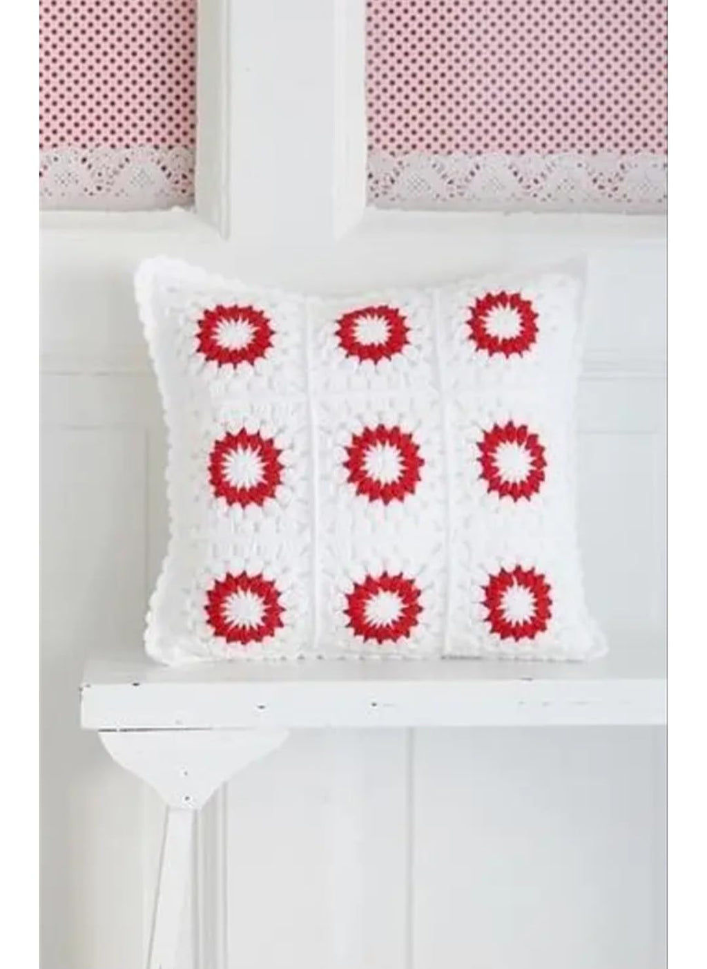 Crochet Throw Pillow Cover, White and Red, Floral Circle Granny Square Pattern, Decorative Cushion Cover
