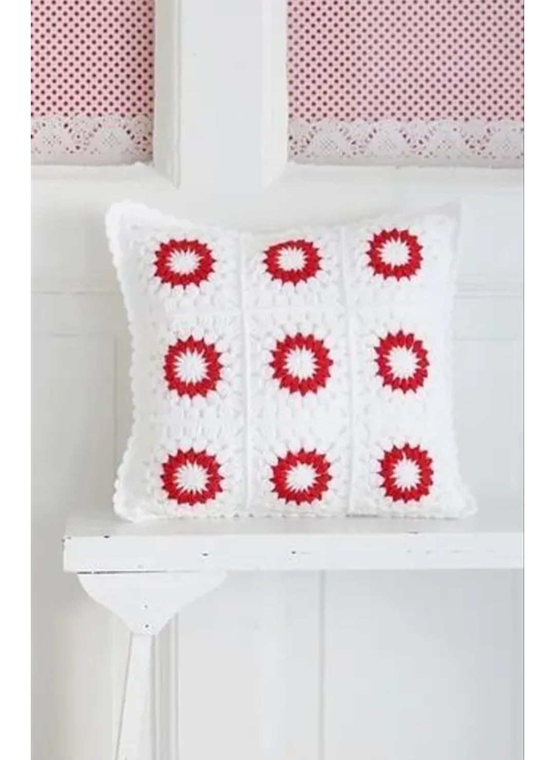 Crochet Throw Pillow Cover, White and Red, Floral Circle Granny Square Pattern, Decorative Cushion Cover