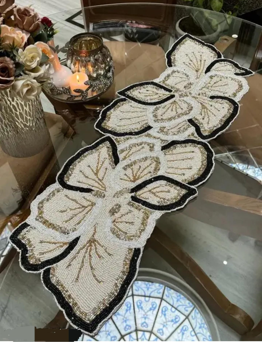 Beaded Table Runner, White and Gold Floral Design, Black Border, Decorative Home Accent