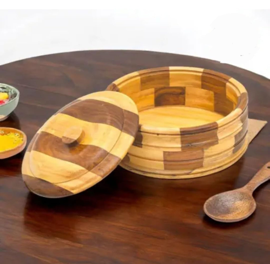 Wooden Storage Bowl with Lid, Checkered Pattern, Two-Tone Brown and Natural Wood, Round Shape, Handcrafted Design