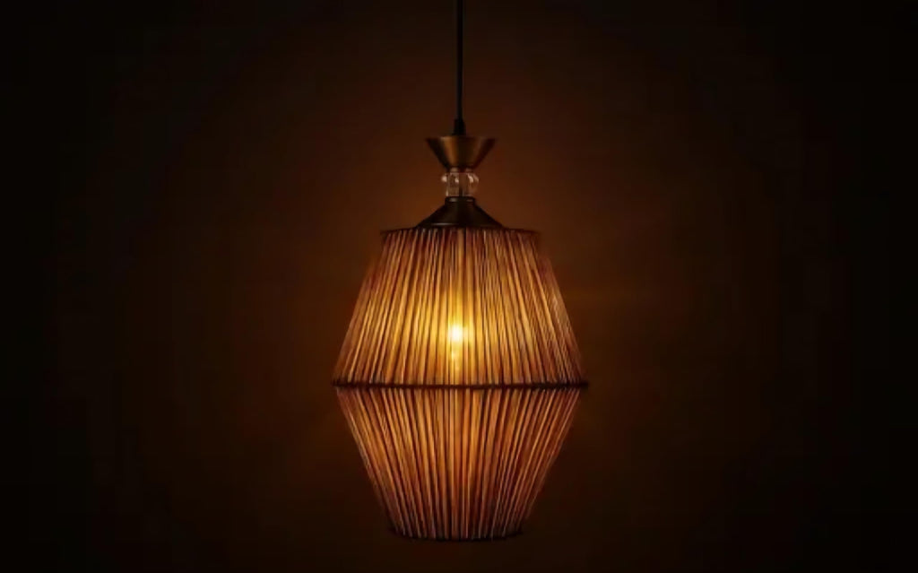 Pendant Light with Natural Rattan Shade, Black Finish, Textured Design, Ceiling Hanging Fixture