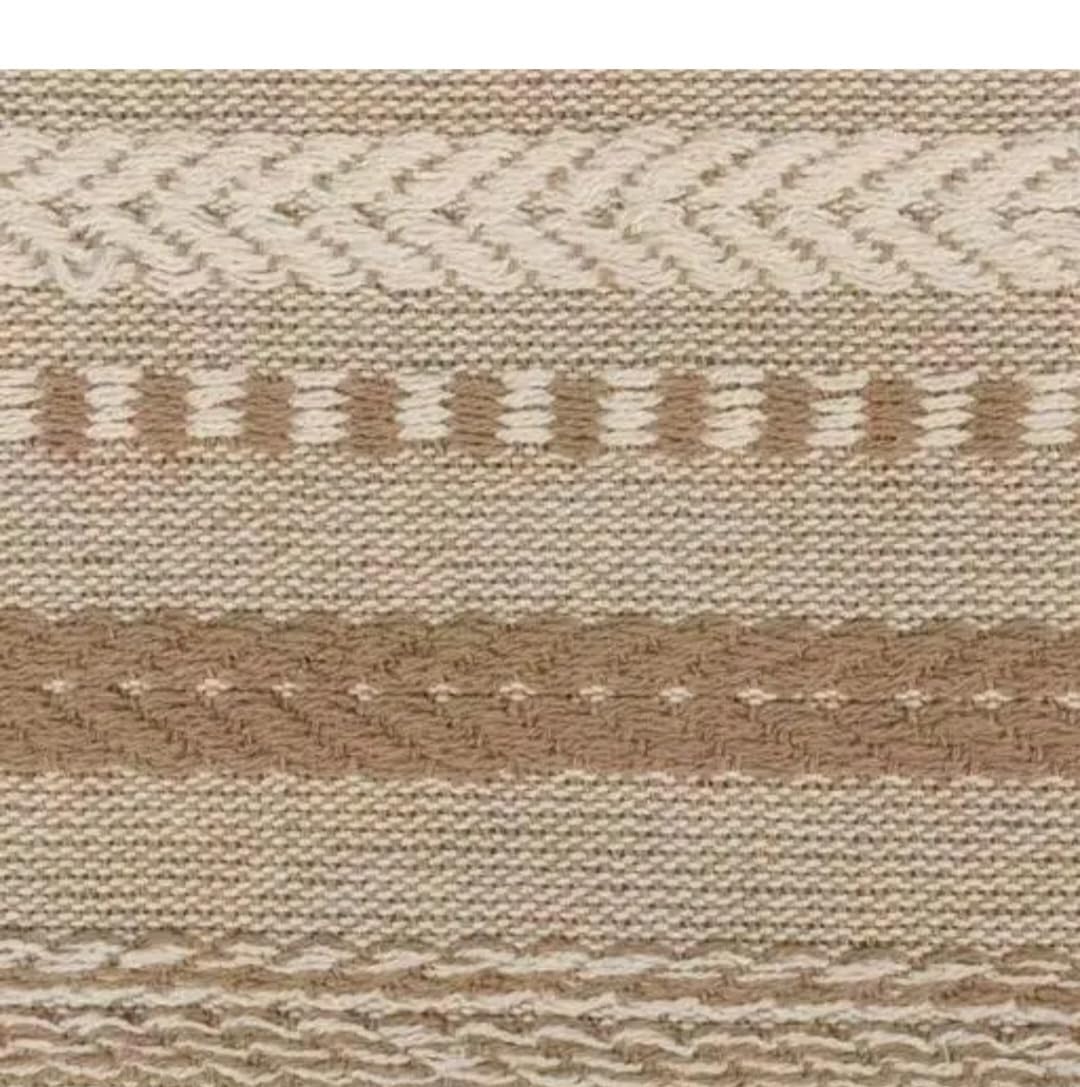Woven Table Runner, Beige, Textured Striped Pattern with Fringe Ends, Boho Farmhouse Style