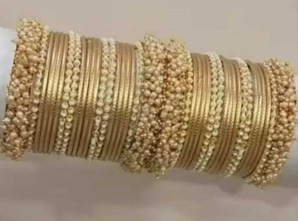 Gold-Tone Pearl Beaded Bangles Set, Traditional Indian Bridal Chura, Festive Occasion
