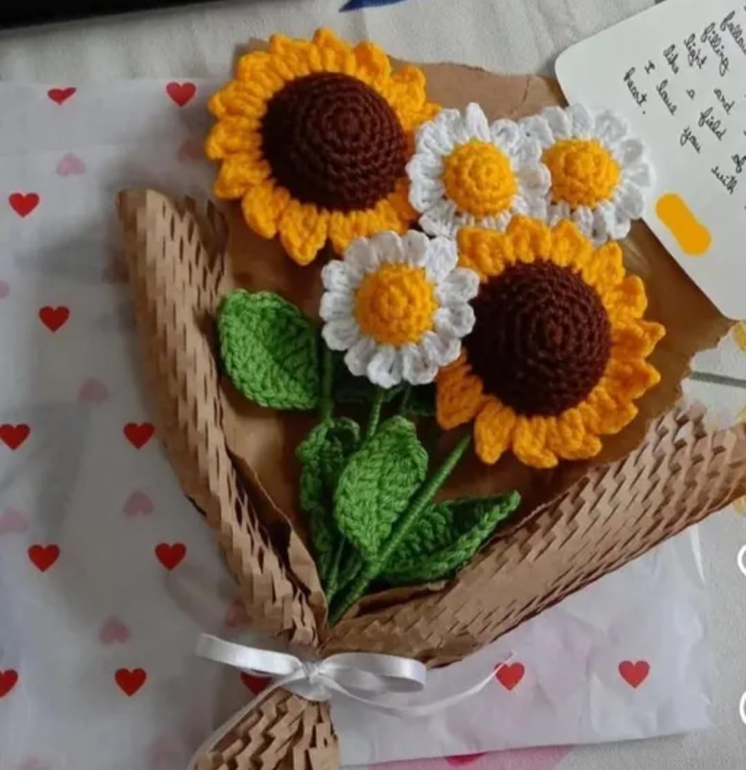 Handmade Crochet Flower Bouquet, Sunflowers and Daisies with Green Leaves, Woven Basket