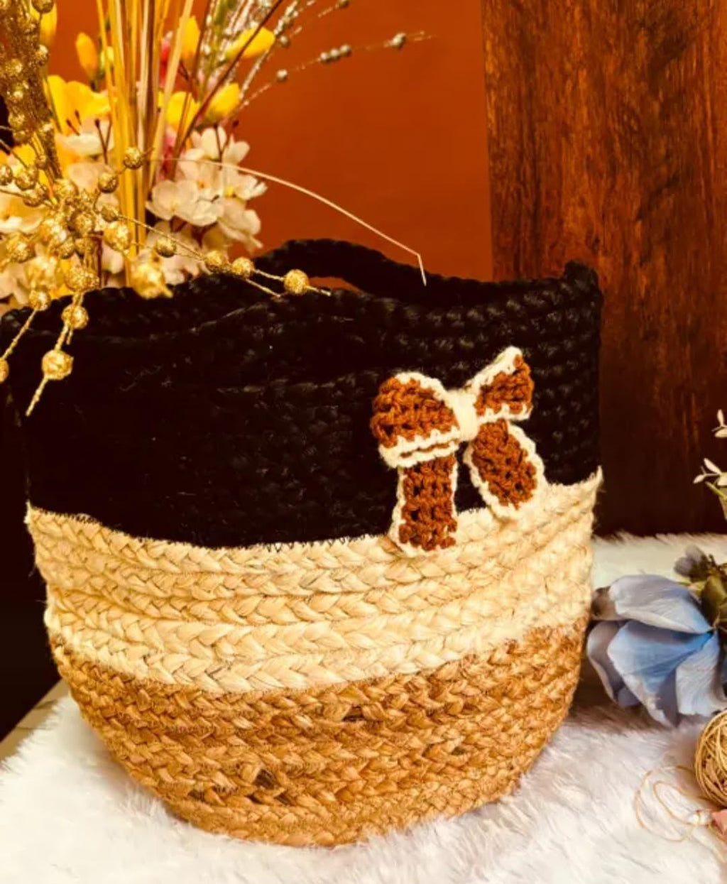 Handwoven Jute Storage Basket, Tricolor Black, Natural and Tan, Crochet Flower Accent