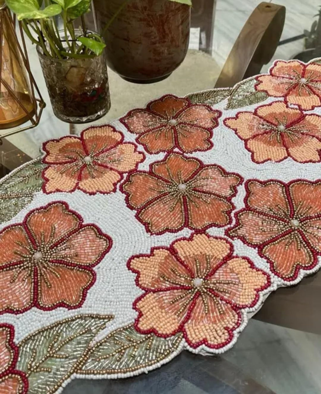 Embroidered Floral Table Runner, Coral Pink Flowers with Green Leaves, White Background, Decorative Home Accent