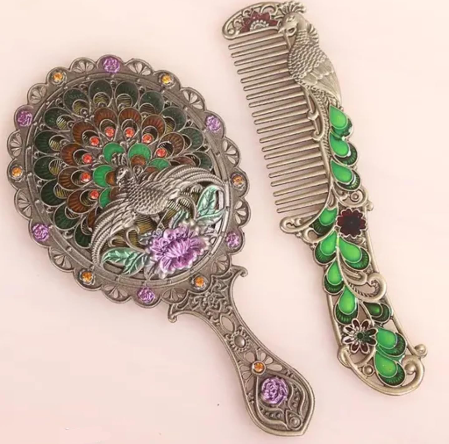 Vintage Art Nouveau Hand Mirror and Comb Set, Antique Bronze, Peacock Design with Green Enamel, Purple Crystal Accents, Decorative Vanity