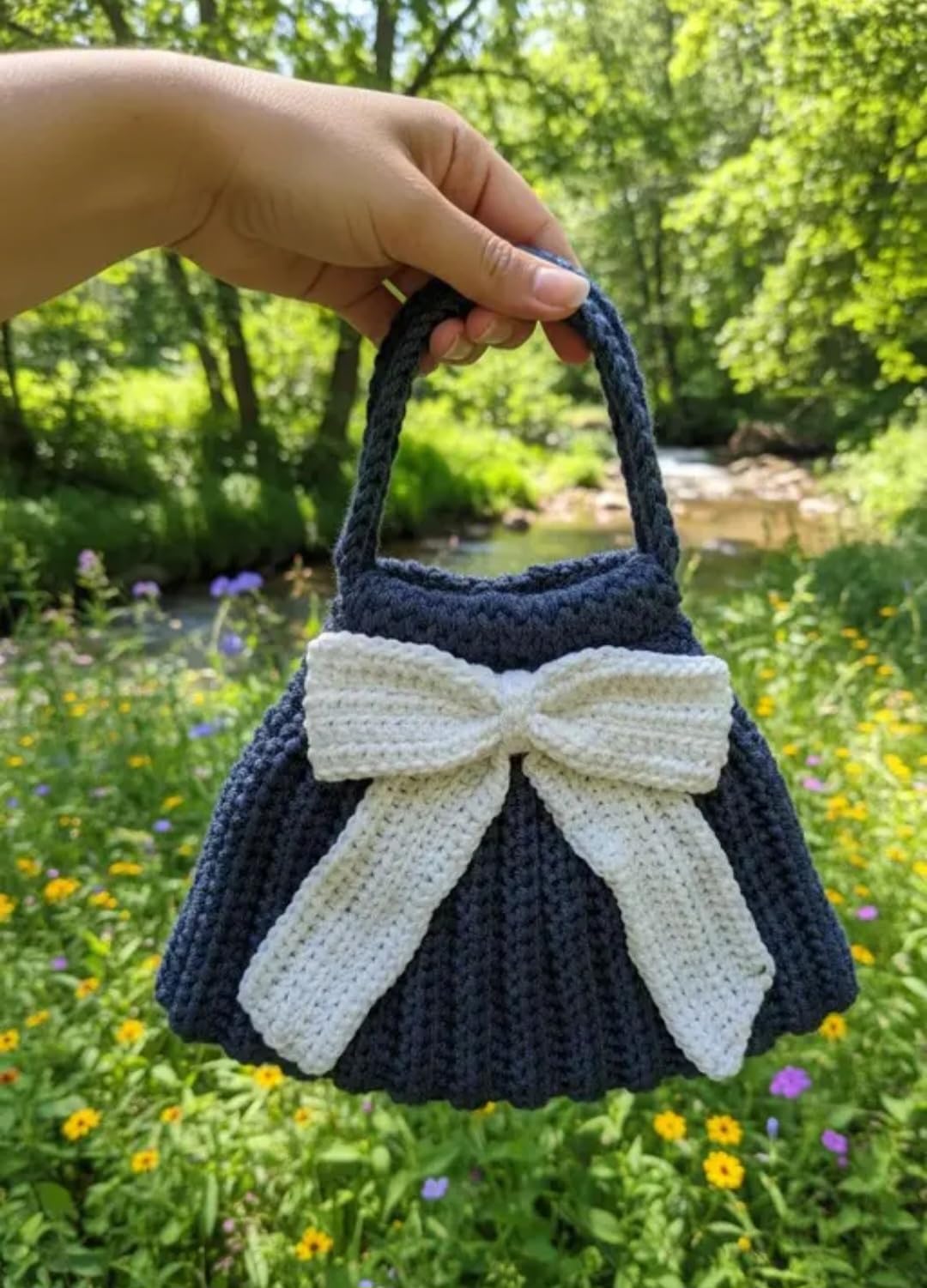 Handmade Crochet Handbag, Navy Blue with Cream Bow, Knit Purse, Boho Chic Style
