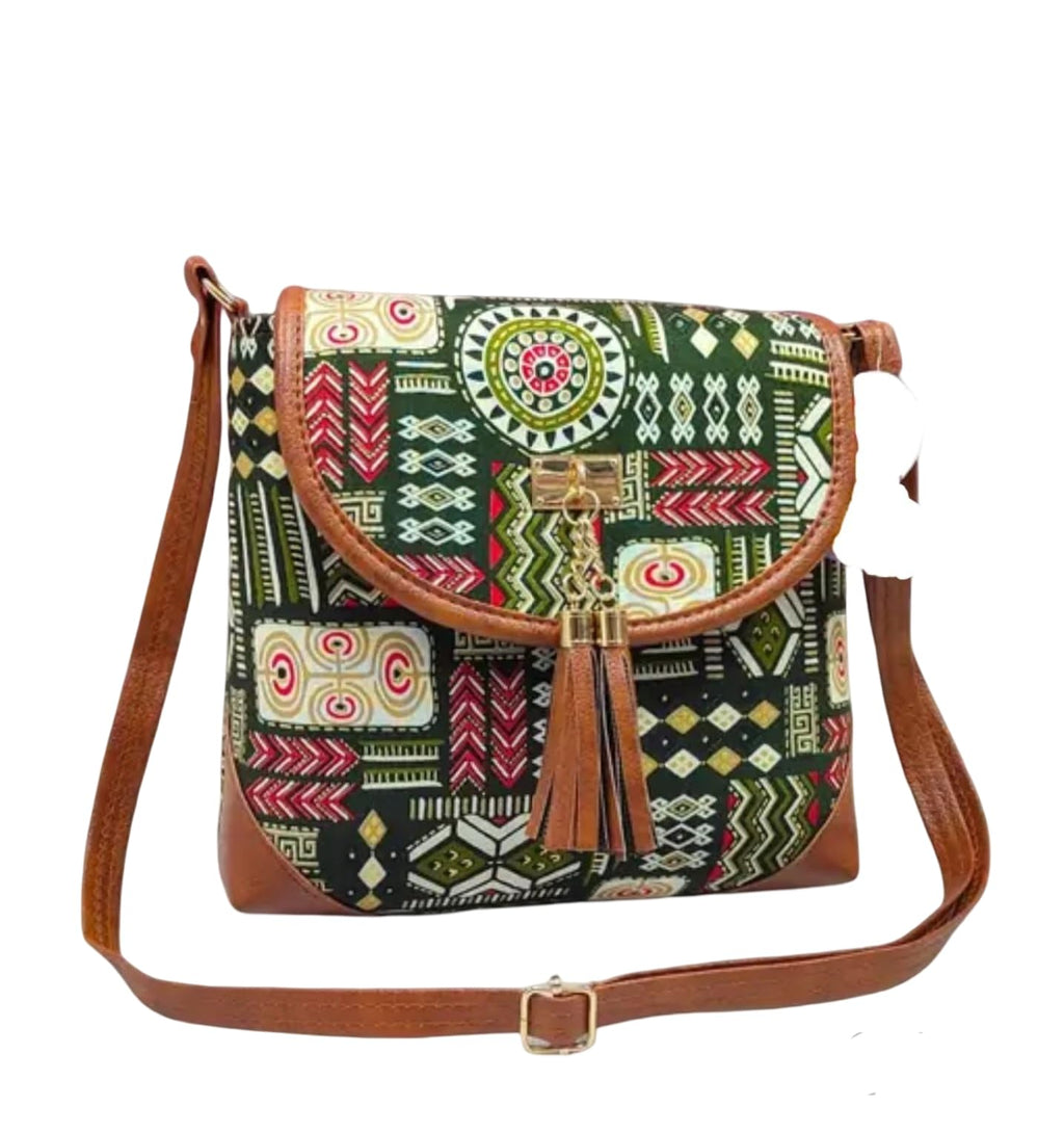 Bohemian Crossbody Handbag, Ethnic Print with Brown Leather Trim, Tassel Detail
