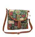 Bohemian Crossbody Handbag, Ethnic Print with Brown Leather Trim, Tassel Detail