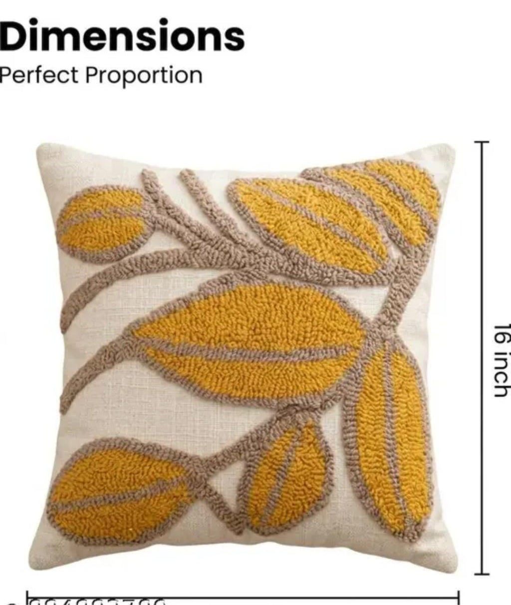 Hand Embroidered Leaf Throw Pillow Cover, Mustard Yellow on Cream, Boho Floral Design, 1 piece