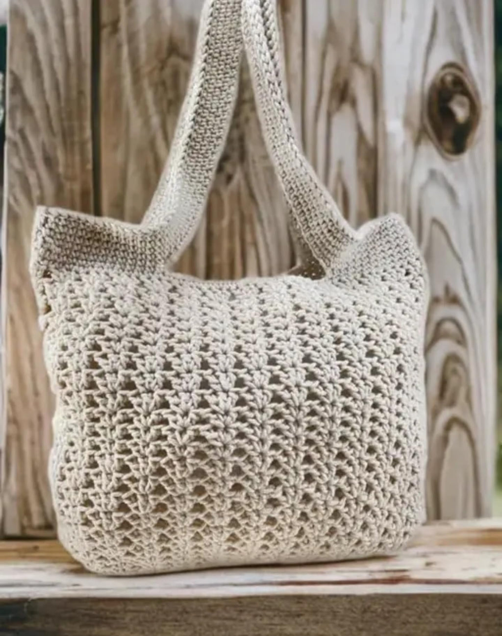 Handmade Crochet Tote Bag, Cotton Knit Pattern, Off-White