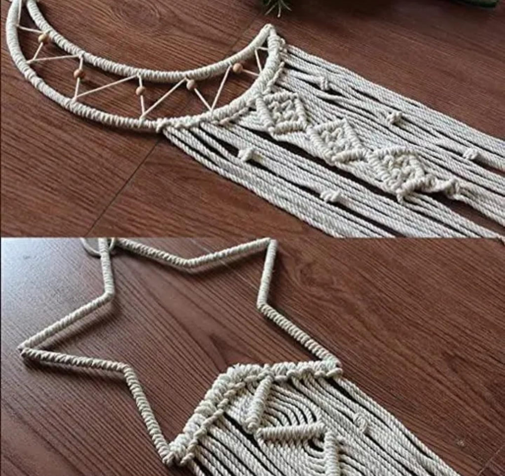 Macrame Wall Hanging Set, Moon and Star Design, Boho Home Decor, White Cotton Woven Tapestry, 2 Pieces