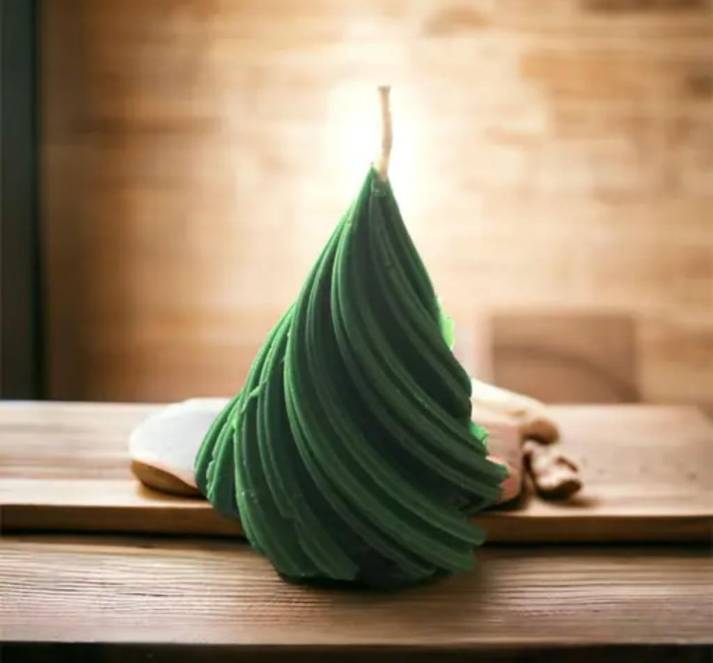 Decorative Christmas Tree Candle, Green Spiral Design, Holiday Home Decor