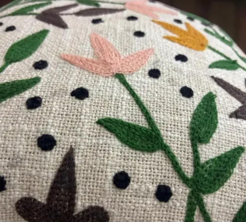 Floral Handmade Throw Pillow Cover, Botanical Print, Green Pink Yellow, Linen-Look Fabric, Decorative Cushion for Sofa