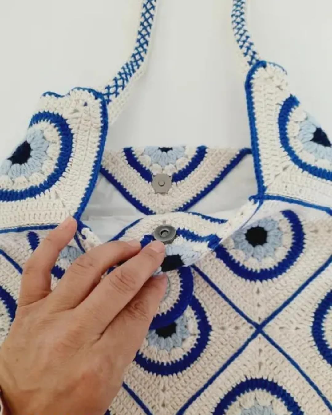 Handmade Crochet Tote Bag, Blue and Beige, Evil Eye Pattern, Boho Shoulder Bag with Granny Square Design