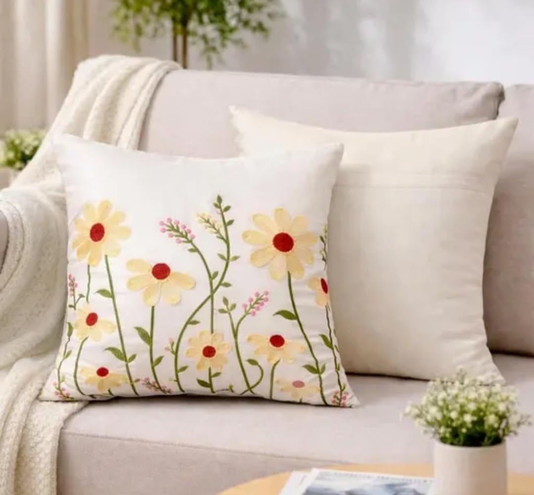 Floral Hand Embroidered Throw Pillow Cover, White, Daisy Print, Square, Decorative Cushion Cover for Sofa, 1 piece
