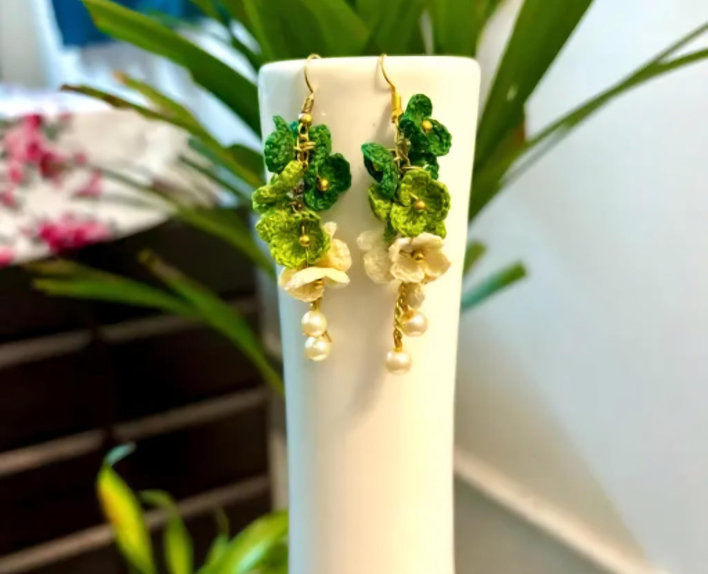 Handmade Floral Earrings with Pearls, Green and White Flowers, Dangle Drop Style, Gold Accents