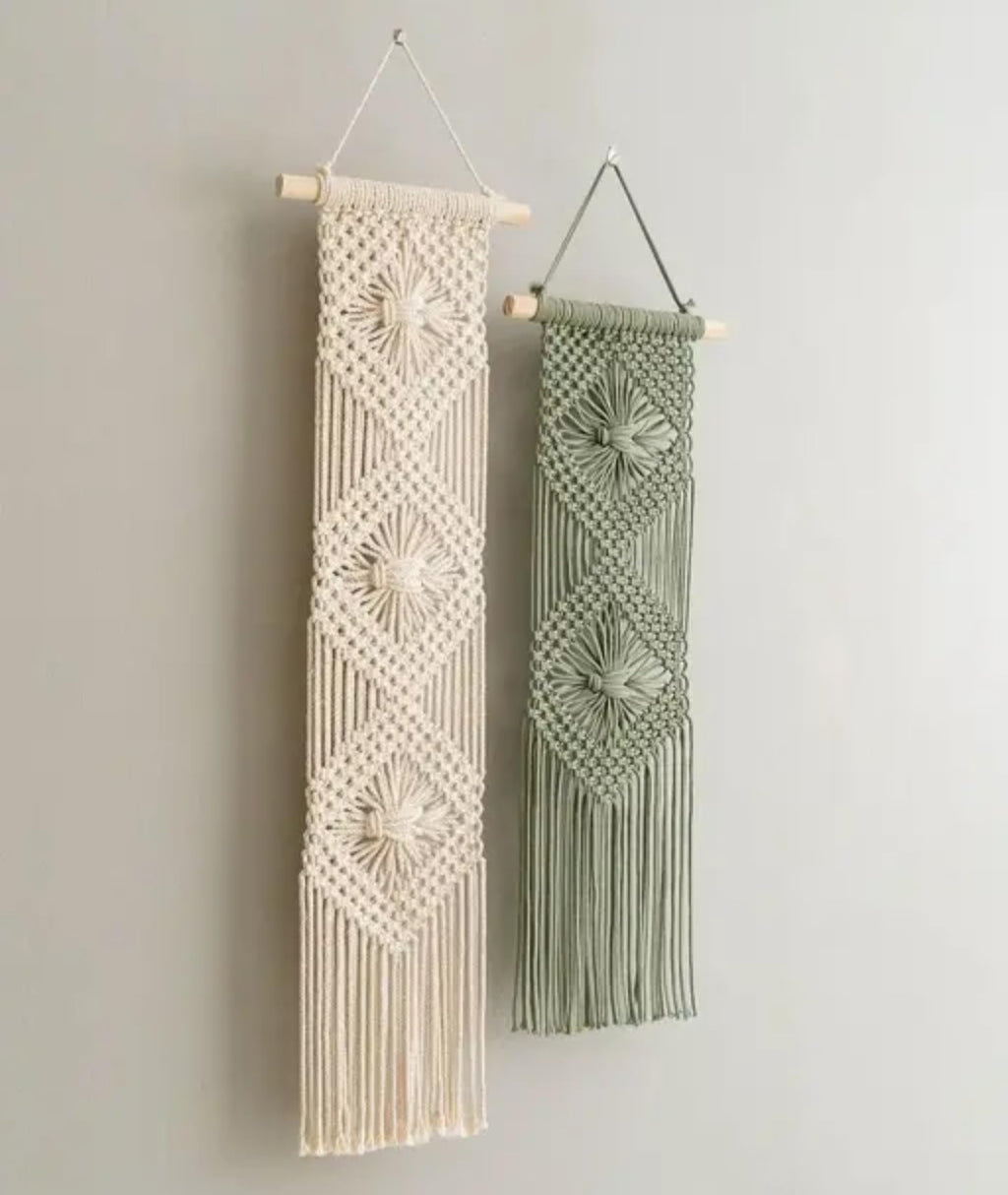 Handcrafted Macrame Wall Hanging, Geometric Diamond Pattern, Cream and Sage Green, Set of 2