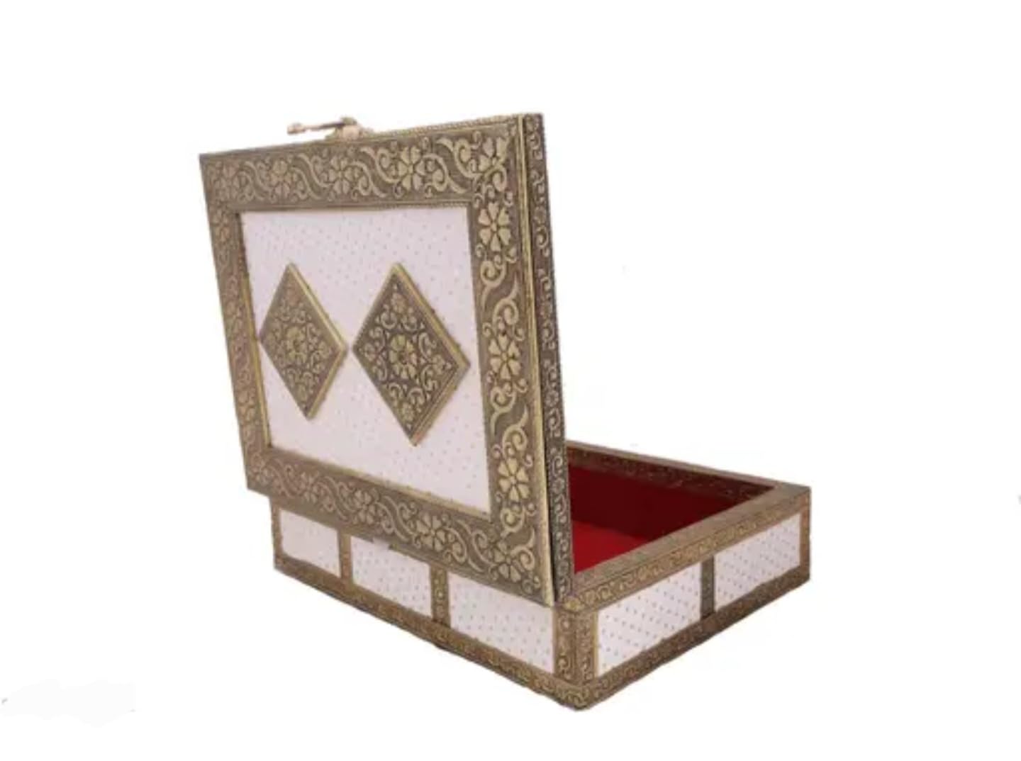Decorative Storage Box, Antique Gold Metal Frame with White Fabric Interior, Vintage Floral Pattern, Jewelry Organizer with Latch