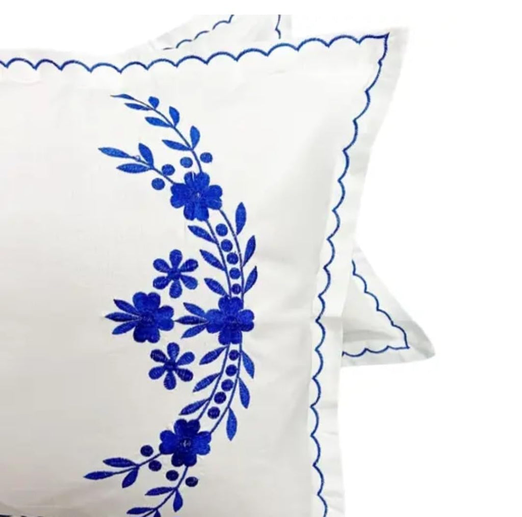 White Pillow Cover Shams with Blue Floral Embroidery, Scalloped Border, Set of 2