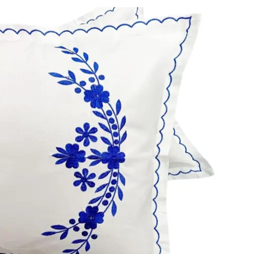 White Pillow Cover Shams with Blue Floral Embroidery, Scalloped Border, Set of 2
