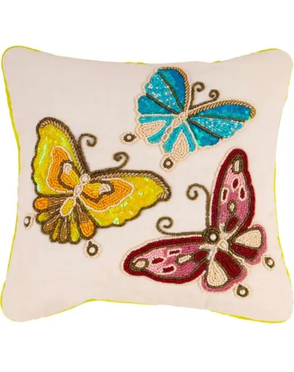 Butterfly Embroidered Throw Pillow Cover, Beaded Sequin Design, Multicolor on Cream, Decorative Cushion Cover