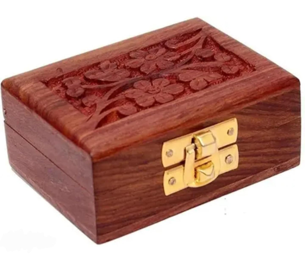 Handcrafted Wooden Jewelry Box, Brown Sheesham Wood with Brass Latch, Floral Carved Design, Gold Tree Inlay, Small Storage Box