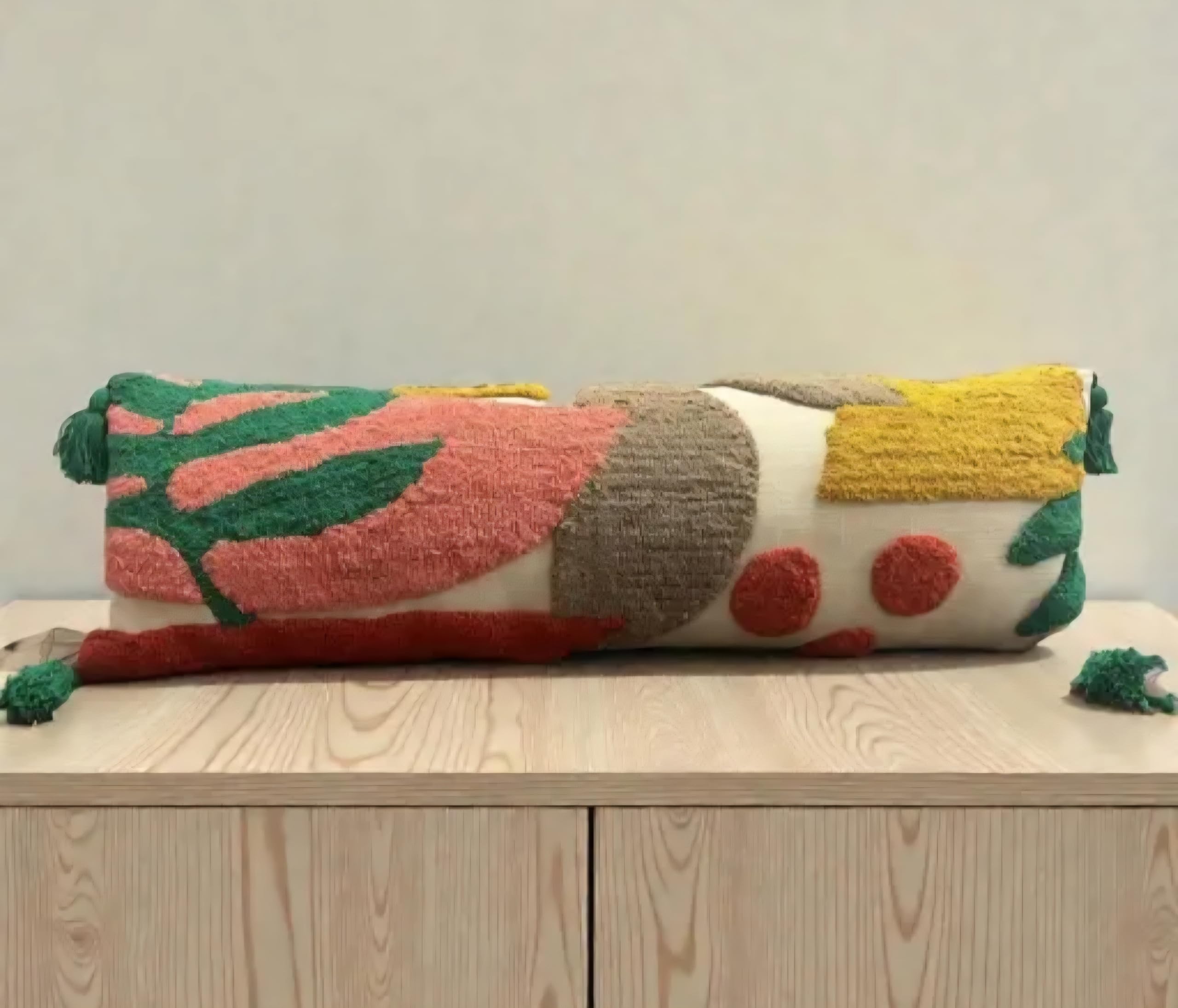 Decorative Lumbar Pillow Cover, Multicolor Abstract Pattern with Tassels, Tufted Design, Green Pink Yellow