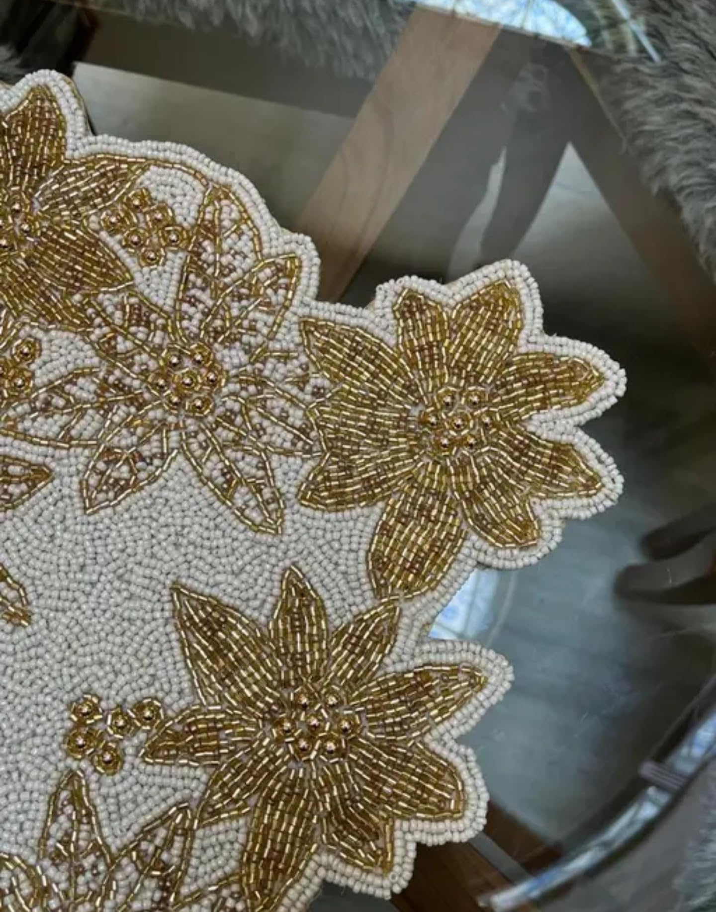 Handmade Table Runner, Gold Floral Design, Elegant Dining Decor