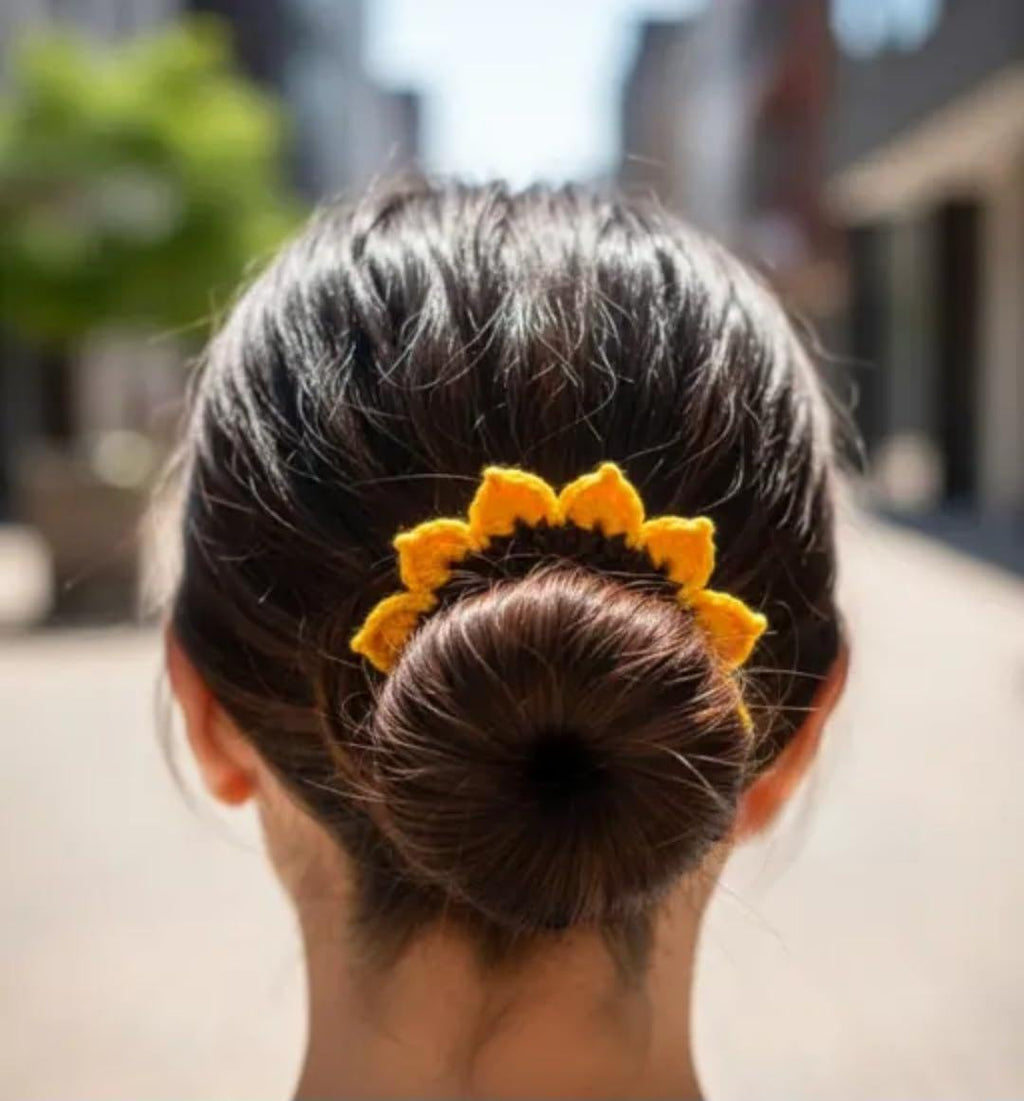 KnotsNGifts Crochet Sunflower Bun Holder, Yellow, Handmade Hair Accessory, set of 2