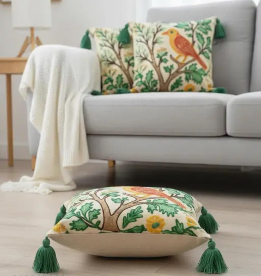 Handcrafted Embroidered Bird on Tree Throw Pillow Cover, Cream, Floral Botanical Style, with Green Tassels, 1 piece