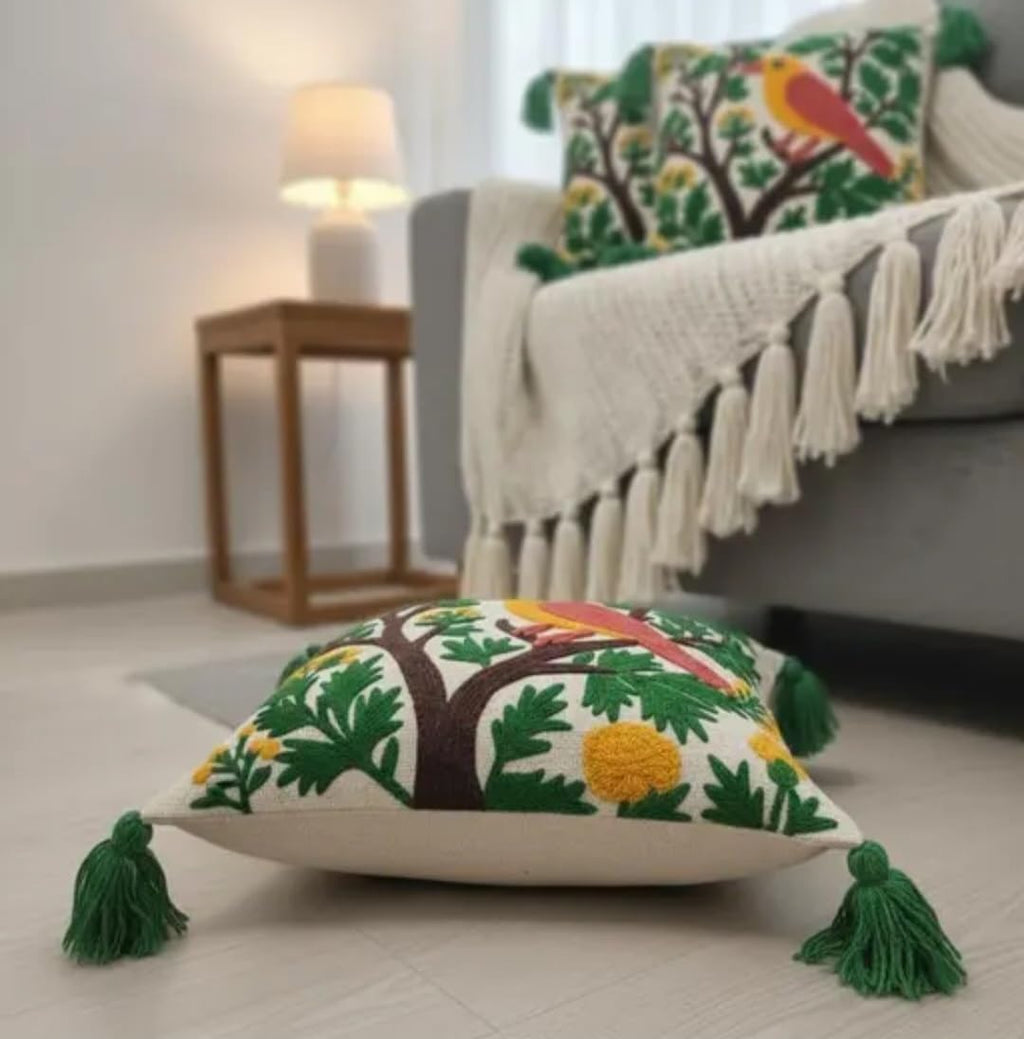 Hand Embroidered Bird on Tree Throw Pillow Cover, Boho Style with Green Tassels, Colorful Floral Cushion Cover