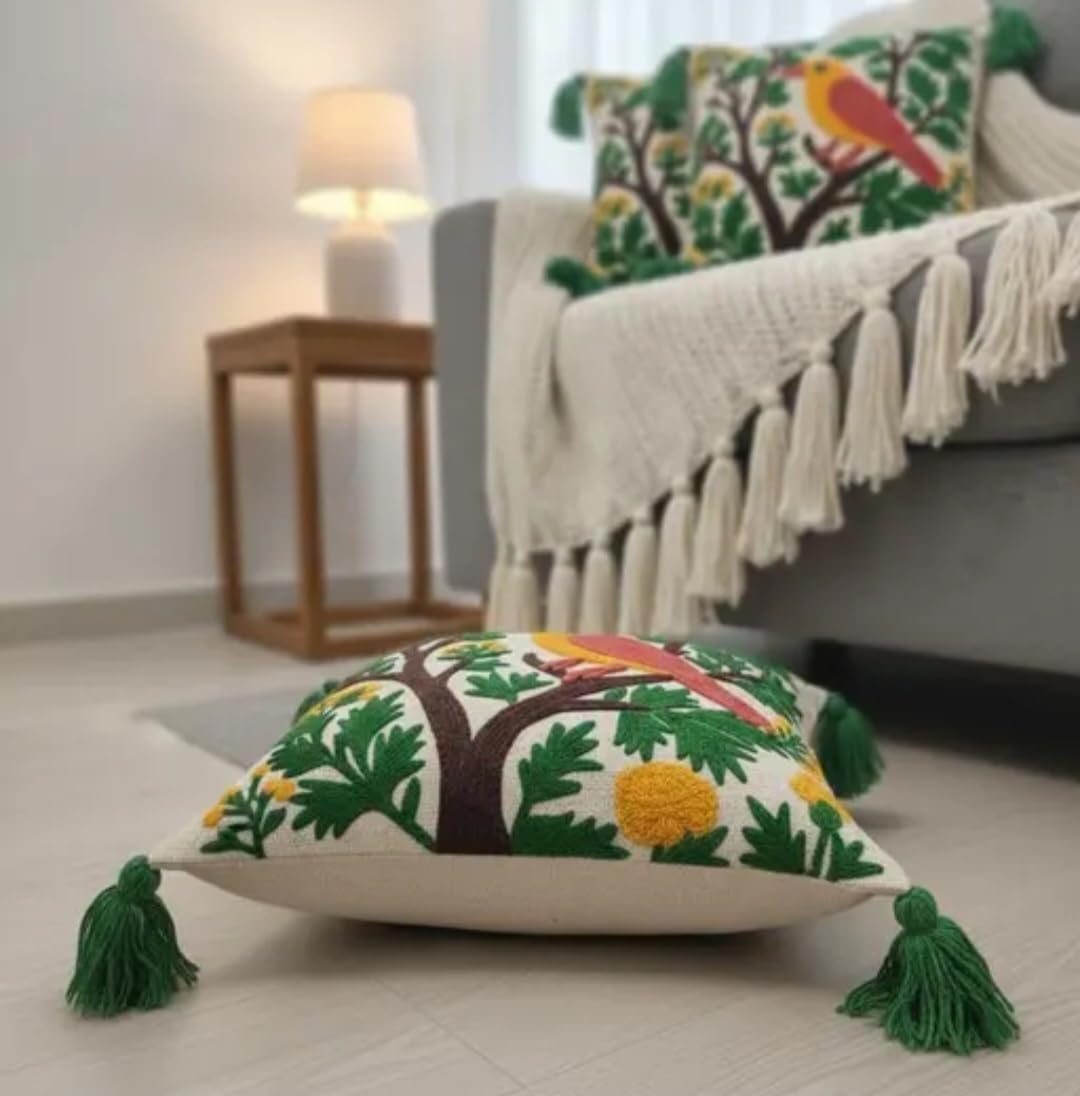 Hand Embroidered Bird on Tree Throw Pillow Cover, Boho Style with Green Tassels, Colorful Floral Cushion Cover